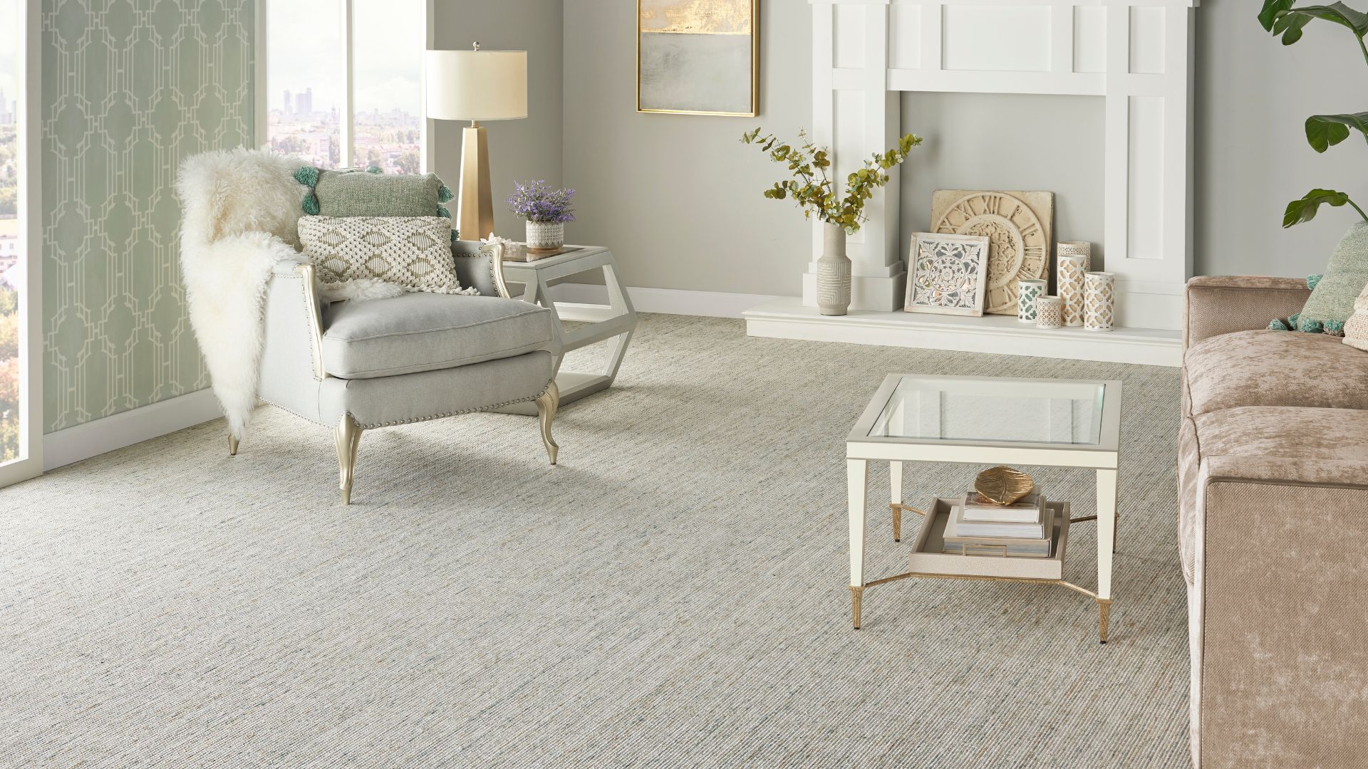 patterned neutral beige and gray carpet in an elegant living room